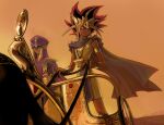  2boys ancient_egyptian ancient_egyptian_clothes armlet atem black_hair blonde_hair chariot colored_bangs dark-skinned_male dark_skin eye_of_horus gold_armlet jewelry male_focus millennium_puzzle multicolored_hair multiple_boys official_style peacock_hair pharaoh pngheavy priest_seto smile spiked_hair standing yu-gi-oh! yu-gi-oh!_duel_monsters 