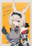  1girl ;) akt_13 animal_ear_fluff animal_ears arknights arknights:_endfield arrow_(symbol) arrow_print avywenna_(arknights) black_gloves blue_eyes border brown_hair character_name closed_mouth commentary crossed_bangs detached_sleeves dress finger_heart gloves grey_border grey_dress grey_sleeves hair_between_eyes headpiece heart highres light_blush long_hair long_sleeves looking_at_viewer one_eye_closed outside_border smile solo split_mouth upper_body yellow_background 