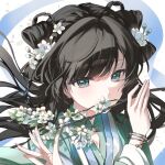  1girl black_hair bracelet braid branch chinese_clothes chuchuchujun double_bun flower green_eyes hair_bun hair_flower hair_ornament hands_up hanfu highres jewelry long_hair long_sleeves looking_at_viewer original pear_blossoms shuangyaji solo upper_body white_flower 