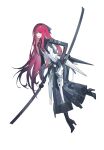  1girl black_hairband breasts commentary_request covered_navel echj full_body hairband high-heeled_mechanical_legs highres holding holding_sword holding_weapon long_hair looking_at_viewer mechanical_arms mechanical_hands mechanical_legs medium_breasts open_mouth punishing:_gray_raven red_eyes red_hair scabbard sheath simple_background smile solo sword unsheathed vera:_rozen_(pgr) vera_(pgr) very_long_hair weapon white_background 