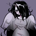  1girl black_eyes black_hair breasts commentary cowboy_shot curvy english_commentary ghost_costume ghost_pose hair_over_one_eye highres large_breasts long_hair looking_at_viewer megrocks messy_hair one_eye_covered open_mouth original parted_bangs purple_background sheet_ghost simple_background sleeves_past_fingers sleeves_past_wrists smile solo wide_hips 