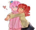 2girls ahoge black_skirt blue_eyes blush bocchi_the_rock! character_name cowboy_shot cube_hair_ornament gotoh_hitori green_eyes hair_ornament heart highres hug hug_from_behind kimberkcally kita_ikuyo medium_hair multiple_girls open_mouth pink_hair pink_track_suit red_hair shirt side_ponytail simple_background skirt sleeves_past_wrists sparkling_eyes teeth track_suit upper_teeth_only white_background yellow_shirt yuri 