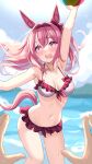  1girl 1other alternate_breast_size_(larger) animal_ears arm_up armpits ball beachball bikini blue_sky blurry blush bow breasts cloud cloudy_sky commentary_request day depth_of_field ear_bow ear_covers frilled_bikini frills hair_between_eyes hair_intakes hairband haru_urara_(umamusume) highres holding holding_ball horse_ears horse_girl horse_tail kibihimi long_hair looking_at_viewer medium_breasts navel ocean open_mouth outdoors pink_hair pov pov_hands red_bow red_hairband revision sky smile solo_focus sweat swimsuit tail teeth thighs umamusume upper_teeth_only white_bikini 