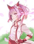  1girl absurdres animal_ears bow breasts buruma closed_mouth collarbone commentary ear_bow ear_covers falling_petals fingerless_gloves flower-shaped_pupils flower_in_eye gloves hand_on_own_hip haru_urara_(bestest_prize)_(umamusume) haru_urara_(umamusume) headband highres horse_ears horse_girl jacket long_hair petals pink_buruma pink_eyes pink_hair pink_headband pink_nails ponytail red_buruma red_gloves red_headband reishi_(litvyak) shirt small_breasts solo symbol-shaped_pupils symbol_in_eye umamusume untranslatable_commentary white_jacket white_shirt 