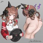  1girl absurdres animal_ears artist_name braid braided_hair_rings brown_hair character_name closed_mouth commentary dio_brando's_pose dio_dio ear_covers eye_trail gentildonna_(umamusume) grey_background hair_rings heart_ear_ornament highres holding horse_ears horse_girl jacket jojo_no_kimyou_na_bouken jojo_pose light_trail long_hair long_sleeves looking_at_viewer median_furrow multiple_views red_eyes red_jacket sidelocks sideways_glance simple_background smile stardust_crusaders topless_female tracen_training_uniform track_jacket umamusume weights white_jacket 