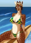  absurd_res accessory animal_print anthro big_breasts bikini breasts brown_eyes brown_hair cleavage clothed clothing dreadlocks eyewear female flag_bikini giraffe giraffid glasses hair half-closed_eyes headband hi_res jamaican jamaican_flag jamaican_flag_bikini leopard_print looking_at_viewer mammal markings narrowed_eyes sea shanee_king side-tie_bikini sirdoomwolf sitting spots spotted_body string_bikini surfboard swimwear tongue tongue_out two-piece_swimsuit water watermark 