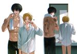  2boys arm_tattoo black_eyes black_hair black_pants blonde_hair chest_tattoo grey_eyes holding holding_toothbrush hyohls2_(hamao3o) male_focus multiple_boys muscular muscular_male nagumo_(sakamoto_days) navel neck_tattoo pants sakamoto_days scar scar_on_back scar_on_neck shin_(sakamoto_days) shirt short_hair stomach tattoo toothbrush toothbrush_in_mouth topless_male white_shirt yaoi 