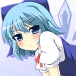  blue_eyes blue_hair blush bow cirno frown gradient gradient_background hair_bow looking_at_viewer masiromu ribbon short_hair short_sleeves simple_background solo touhou upper_body wings 