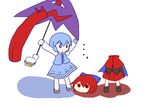  2girls blue_eyes blue_hair bow cape disembodied_head hair_bow headless heterochromia highres karakasa_obake long_sleeves multiple_girls norimaki0122 nukekubi purple_umbrella red_eyes red_hair sekibanki short_hair simple_background skirt tatara_kogasa tongue touhou umbrella white_background 