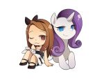  2girls black_dress black_hairband blue_eyes brown_eyes brown_hair chibi closed_mouth commentary_request crossover dress hairband idolmaster idolmaster_(classic) kennymoney long_hair looking_at_viewer minase_iori multiple_girls my_little_pony my_little_pony:_friendship_is_magic one_eye_closed purple_hair rarity_(my_little_pony) simple_background sitting smile stuffed_animal stuffed_rabbit stuffed_toy transparent_background unicorn unicorn_horn usa-chan_(idolmaster) white_fur 