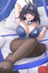  1girl :d absurdres animal_ears arm_up armpits black_pants blue_bow blue_bowtie blue_eyes blue_hair blue_leotard blue_ribbon blurry blurry_foreground boros_(ouro_kronii) bow bowtie breasts cleavage cleavage_cutout clothing_cutout collar commentary detached_collar english_commentary fake_animal_ears fang feet_out_of_frame fishnet_pantyhose fishnets hair_intakes hand_under_pillow highres hololive hololive_english large_breasts leotard light_blush looking_at_viewer lying mofu07519 on_bed open_mouth ouro_kronii pants pantyhose pillow playboy_bunny rabbit_ears ribbon short_hair skin_fang smile solo strapless strapless_leotard virtual_youtuber white_collar wrist_cuffs yes-no_pillow 