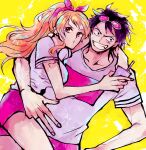  1boy 1girl alternate_costume arm_around_shoulder arm_around_waist black_hair bow bow_hairband breasts collarbone commentary_request cup drinking_straw earrings eyewear_on_head feet_out_of_frame grin hairband high_ponytail highres holding holding_cup jewelry large_breasts long_hair looking_at_viewer monkey_d._luffy nami_(one_piece) one_piece orange_hair pearl_earrings pink-framed_eyewear pink_bow pink_hairband pink_shorts ponytail scar scar_on_cheek scar_on_face shi_camellia8 shirt short_sleeves shorts smile star_(symbol) w wavy_hair white_shirt yellow_background 