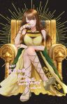  1girl 217find! absurdres ancient_egyptian_clothes animification bare_shoulders black_background brown_eyes brown_hair commentary_request crossed_legs dated dress full_body hanamiya_nina highres looking_at_viewer mole mole_under_eye noanekosan real_life sandals sitting sitting_on_throne sleeveless sleeveless_dress solo stirrup_footwear toes translation_request v_arms yellow_dress yellow_sandals 