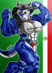  2013 anthro blue_body brown_eyes clothing davide76 english_text female flexing horn muscular_female pose solo text vein 