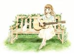  acoustic_guitar bench brown_eyes brown_hair cat dress flower guitar high_heels instrument long_hair original sandals sitting smile solo tokoyu 