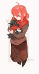  1girl ahoge animal animal_ear_fluff artist_name ben-day_dots black_fur closed_mouth commentary cropped_legs fang hashtag-only_commentary highres hightguy holding holding_animal long_hair long_sleeves looking_down notice_lines open_mouth original ponytail red_eyes red_hair red_scarf red_skirt red_sweater scarf screentones sidelocks skirt smile solo sweater teeth white_background 