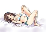  barefoot bed_sheet bikini bikini_skirt blush breasts brown_eyes brown_hair finger_to_mouth flower hair_flower hair_ornament idolmaster idolmaster_cinderella_girls leg_ribbon long_hair lying medium_breasts navel nitta_minami on_back parted_lips ribbon sketch solo swimsuit tottoto_tomekichi venus_syndrome 