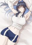  1girl absurdres armpits arms_up blue_eyes blue_hair blue_shorts blunt_bangs breasts colored_inner_hair commentary cowboy_shot detached_sleeves dutch_angle hair_intakes half-closed_eyes highres hololive hololive_english large_breasts light_blush long_hair long_sidelocks long_sleeves looking_at_viewer lying midriff multicolored_hair navel nurizza_ilst on_back on_bed ouro_kronii ouro_kronii_(casual) parted_lips short_shorts shorts sidelocks sleeveless sleeveless_sweater sleeveless_turtleneck solo sweater thigh_gap turtleneck turtleneck_sweater two-tone_hair virtual_youtuber white_sleeves white_sweater 