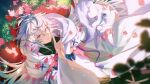  1boy absurdres commentary_request fate/grand_order fate_(series) flower fou_(fate) hair_between_eyes highres hood light_(nightty45) long_hair long_sleeves looking_at_viewer male_focus merlin_(fate) purple_eyes robe smile solo white_hair white_robe 