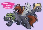  3boys ahoge amagase_touma animalization black_fur black_hairband blonde_hair blue_eyes brown_hair character_name chinpui_(chinpui02) closed_mouth commentary_request cutie_mark feathered_wings green_eyes green_hair hairband idolmaster idolmaster_side-m ijuuin_hokuto jupiter_(idolmaster) mitarai_shouta multiple_boys my_little_pony my_little_pony:_friendship_is_magic parody pegasus purple_background red_eyes short_hair simple_background wings 