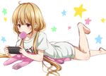  barefoot blonde_hair brown_eyes candy food futaba_anzu handheld_game_console idolmaster idolmaster_cinderella_girls leg_up lollipop long_hair low_twintails lying mouth_hold on_stomach playing_games playstation_portable solo star stuffed_animal stuffed_bunny stuffed_toy tottoto_tomekichi twintails 