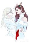  2girls blonde_hair blue_dress bodysuit brown_hair corset detached_sleeves dress fake_antlers fur-trimmed_bodysuit fur-trimmed_dress fur-trimmed_sleeves fur_trim haewon_(nmixx) hat highres holding holding_unworn_clothes holding_unworn_hat jiankangmeizi k-pop long_hair looking_at_another multiple_girls nmixx parted_lips pink_lips real_life red_hat santa_hat strapless strapless_dress sullyoon_(nmixx) sweatdrop unworn_hat unworn_headwear white_bodysuit white_corset 