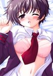  1girl artist_request bed_sheet blush bra brown_eyes brown_hair corpse_party lying nakashima_naomi navel necktie on_back open_clothes school_uniform shirt_lift short_hair tears underwear wince 