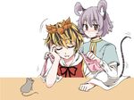  akagashi_hagane animal_ears bad_id bad_pixiv_id blonde_hair closed_eyes grey_hair mouse mouse_ears mouse_tail multiple_girls nazrin short_hair simple_background tail toramaru_shou touhou white_background 