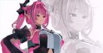  1girl absurdres arknights arknights:_endfield black_eyes black_horns breasts commentary detached_sleeves diamond-shaped_pupils diamond_(shape) dragon_girl dragon_horn hair_intakes hair_on_horn hands_on_own_hips highres horns large_breasts long_hair lufi_ays pink_hair pink_horns pink_sleeves pointy_ears smile solo symbol-shaped_pupils upper_body white_background yvonne_(arknights) zoom_layer 