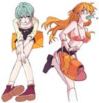  adjusting_clothes adjusting_shoe ankle_boots ayanami_rei bad_id bad_pixiv_id bag blank_stare blue_eyes blue_hair boots bra breasts cleavage cushion eyelashes food_in_mouth from_above hands_on_lap hanji jitome long_hair looking_at_viewer midriff multiple_girls neon_genesis_evangelion orange_hair red_eyes running short_hair shorts sitting sitting_on_object small_breasts socks souryuu_asuka_langley underwear white_background white_legwear 