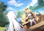  2girls antenna_hair black_bow black_bowtie black_jacket black_shorts blue_shrug blue_sky blurry blurry_background boat bow bowtie breasts cloud day fuyuka_(stella_sora) game_cg goggles goggles_on_head green-tinted_eyewear highres jacket large_breasts long_hair low-tied_long_hair mask mask_on_head multiple_girls non-web_source official_art on_boat open_clothes open_jacket outdoors pantyhose plague_doctor_mask ridge_(stella_sora) self-datamine shirt shorts shrug_(clothing) sitting sky stella_sora thighhighs tinted_eyewear very_long_hair watercraft white_hair white_shirt white_thighhighs yellow_pantyhose 
