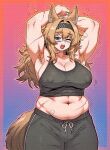  1girl animal_ears arknights armpit_hair arms_up blue_eyes blush border breasts brown_hair brown_tail caffichai cleavage covered_nipples cowboy_shot glasses gradient_background hairband highres horn_(arknights) large_breasts long_hair looking_at_viewer one_eye_closed open_mouth orange_outline outline plump pubic_hair pubic_hair_peek solo thick_arms 