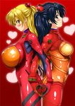  ass ass-to-ass back-to-back bad_id bad_pixiv_id bangs black_hair blonde_hair blue_eyes blush bodysuit breasts closed_mouth cosplay covered_nipples cowboy_shot evangelion:_2.0_you_can_(not)_advance from_side gradient gradient_background hair_between_eyes hair_ornament hairpods heart heart_background heart_hands heart_hands_duo huge_breasts impossible_bodysuit impossible_clothes kamia_(not_found) large_breasts light_smile long_hair looking_at_viewer looking_back matsuoka_kiyone multicolored multicolored_bodysuit multicolored_clothes multiple_girls neon_genesis_evangelion orange_bodysuit original outline pilot_suit plugsuit profile rebuild_of_evangelion red_background red_bodysuit see-through shikinami_asuka_langley shikinami_asuka_langley_(cosplay) shiny shiny_clothes sideboob skin_tight smile souryuu_asuka_langley souryuu_asuka_langley_(cosplay) standing symmetry test_plugsuit turtleneck very_long_hair yellow_eyes yukino_sayuri yuri 