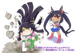  2girls absurdres alternate_costume alternate_hairstyle animal_ears aonoji bandage_on_face bandages bishoujo_senshi_sailor_moon black_hair blue_skirt blush boots clenched_hand clenched_teeth commentary_request cosplay dark-skinned_female dark_skin green_skirt highres hishi_amazon_(umamusume) horse_ears horse_girl horse_tail long_hair multiple_girls narita_brian_(umamusume) punching red_boots red_eyes sailor_jupiter sailor_jupiter_(cosplay) sailor_moon sailor_moon_(cosplay) shirt skirt tail teeth translation_request twintails umamusume very_long_hair white_shirt yellow_eyes 