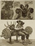 2026 anthro anthro_on_anthro antlers bangs barbell bottomwear bulge cervine clenched_teeth clothed clothing comic deer dialogue dumbbell duo elk english_text exercise facial_piercing footwear fur grey_background greyscale gym hair handwritten_text hi_res holding_object horn humor hyena lying male male/male mammal mo_(momamo) momamo monochrome motion_blur motion_lines multiple_scenes muscular muscular_anthro muscular_male nose_piercing nose_ring on_back piercing ring_piercing sexercise shirt shoes shorts simple_background sketch socks spots spotted_hyena standing tank_top teeth text thrusting topwear tterra tuft weightlifting weights workout