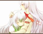  arm_holding armband bad_id bad_pixiv_id bow closed_eyes ex-keine fujiwara_no_mokou hair_bow hand_on_another's_head horn_ribbon horns kamishirasawa_keine leaning_on_person letterboxed long_hair long_sleeves multicolored_hair multiple_girls no_mouth onaga profile puffy_short_sleeves puffy_sleeves red_eyes ribbon short_sleeves silver_hair smile tears touhou very_long_hair white_background 