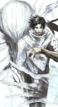  1boy absurdres black_hair closed_mouth highres jacket jewelry jujutsu_kaisen kyezzzz male_focus okkotsu_yuuta orimoto_rika ring see-through_body short_hair solo white_background white_jacket 