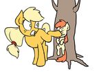  applejack_(mlp) blonde_hair cub duo equine female feral freckles friendship_is_magic fur hair horse kick long_hair mammal my_little_pony oops orange_fur outside plain_background pony red_hair standing tree unknown_artist white_background yellow_fur young 