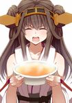  ahoge bad_id bad_pixiv_id banned_artist bare_shoulders blush bowl brown_hair closed_eyes commentary detached_sleeves hairband japanese_clothes kantai_collection kitsuneko_azarashi kongou_(kantai_collection) long_hair open_mouth pee solo steam wide_sleeves 