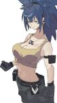  arm_pouch armlet bare_shoulders black_gloves blue_eyes blue_hair breasts camouflage cargo_pants closed_mouth earrings gloves highres jewelry leona_heidern midriff navel ooiwa_(irc14786149) pants ponytail soldier tank_top the_king_of_fighters the_king_of_fighters_xv triangle_earrings yellow_tank_top 