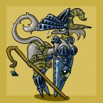 1:1 ambiguous_species anthro armor bent_over boob_armor breasts clothed clothed_anthro clothed_female clothing dzemon eyewear female fur gauntlets glasses glistening glistening_breasts glistening_tail glistening_thighs gloves greaves grey_body grey_fur handwear hat headgear headwear hi_res knight leaning_on_object long_tail magic_user neckwear pattern_clothing shield simple_background skimpy small_waist smoking_pipe solo staff standing striped_clothing stripes tail thick_thighs unconvincing_armor warrior wearing_glasses wide_hips witch_hat yellow_background zhmernalt