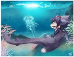  ambiguous_gender black_hair blue_eyes coral eyewear fish goggles hair hi_res jellyfish mako_(rudragon) marine open_mouth rudragon sea shark teeth underwater water 