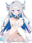  1girl amane_kanata angel_wings asymmetrical_footwear asymmetrical_gloves blue_eyes blue_gem blue_hair blue_wings blush boots breasts breasts_apart brooch clip_studio_paint_(medium) colored_inner_hair commentary_request covering_crotch covering_privates defeat detached_collar dot_nose double-parted_bangs double_bun dress dress_tug elbow_gloves feathered_wings feet_out_of_frame frown furrowed_brow gem gloves gold_thighlet gradient_clothes gradient_dress gradient_hair gradient_wings grey_hair groin_tendon hair_bun hair_flaps hand_on_own_arm highres hololive jewelry knee_boots knees_together_feet_apart knees_up long_hair looking_at_viewer magical_girl mahou_shoujo_holowitch! multicolored_hair multicolored_wings open_mouth purple_streaks short_dress sidelocks simple_background single_bare_shoulder single_elbow_glove single_hair_intake single_thigh_boot sitting small_breasts solo strapless strapless_dress streaked_hair thigh_boots thighlet torn_clothes torn_dress two-tone_wings uneven_footwear uneven_gloves virtual_youtuber white_background white_boots white_dress white_gloves white_wings wings yoru_no_yayoi 