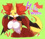 anthro big_breasts black_cape black_clothing bow_ribbon breasts cape clothing colored delphox featureless_breasts female fur generation_6_pokemon green_background hi_res inner_ear_fluff nintendo open_mouth orange_eyes orange_inner_ear_fluff pokemon pokemon_(species) rawr red_body red_fur simple_background tail text tongue tongue_out tuft white_body white_breasts yakiniku628