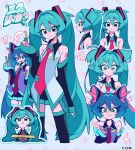  1girl :3 :d bare_shoulders black_skirt black_thighhighs blue_eyes blue_hair blue_outline closed_mouth collared_shirt commentary_request cropped_legs cropped_torso detached_sleeves double-parted_bangs fang fang_out green_nails grin hair_between_eyes hatsune_miku headset highres jino_0007 long_hair looking_at_viewer mcdonald's miniskirt multiple_views nail_polish necktie number_tattoo official_art open_mouth outline pleated_skirt red_necktie second-party_source shakacat shirt shoulder_tattoo simple_background skirt sleeveless sleeveless_shirt smile sparkle tattoo thighhighs tie_clip twintails very_long_hair vocaloid white_background white_shirt zettai_ryouiki 