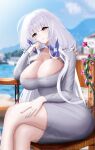  ahoge alternate_costume azur_lane blush breasts chair choker cleavage covered_nipples dongtan_dress dress flower grey_dress grey_eyes hair_flower hair_ornament hand_on_own_thigh head_on_hand head_rest highres huge_breasts illustrious_(azur_lane) long_hair looking_at_viewer mole mole_under_eye pakaono shirt sitting smile table white_choker white_shirt wooden_chair wooden_table 