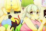  aqua_hair barefoot bird camisole cat cellphone drawing eating food food_in_mouth green_eyes green_panties head_rest heart heart-shaped_pupils heart_pillow kaenbyou_rin kaenbyou_rin_(cat) komame komeiji_koishi leg_up lying lying_on_person on_bed on_stomach panties phone pillow pocky reiuji_utsuho reiuji_utsuho_(bird) short_hair smartphone smile symbol-shaped_pupils touhou underwear underwear_only 