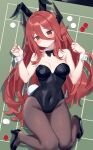  1girl absurdres animal_ear_hairband animal_ears bare_shoulders black_bow black_bowtie black_hairband black_shoes blush bow bowtie breasts breasts_apart brown_eyes brown_pantyhose closed_mouth commentary commission covered_navel detached_collar double-parted_bangs fake_animal_ears from_above full_body hair_between_eyes hairband hands_up high_heels highres hiraga_matsuri leotard long_hair long_hair_between_eyes looking_at_viewer lying medium_breasts on_back original pantyhose playboy_bunny poker_chip rabbit_ear_hairband rabbit_ears red_hair shoes skeb_commission smile solo strapless strapless_leotard wrist_cuffs 