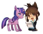  2girls akizuki_ritsuko antenna_hair black_jacket black_pants black_suit blue_hair brown_eyes brown_hair chibi clipboard closed_mouth commentary_request crossover cutie_mark feathered_wings floating folded_ponytail glasses holding holding_clipboard idolmaster idolmaster_(classic) idolmaster_2 jacket kennymoney levitation long_sleeves looking_at_another looking_at_viewer multicolored_hair multiple_girls my_little_pony my_little_pony:_friendship_is_magic open_mouth pants pen purple_eyes purple_fur purple_streaks simple_background sitting streaked_hair suit suit_jacket transparent_background twilight_sparkle wings 