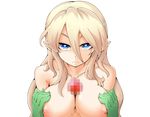 1girl bangs blonde_hair blue_eyes breasts censored collarbone expressionless gloves hands_on_own_chest hetero large_breasts long_hair looking_at_viewer micaela_(mon-musu_quest!) mon-musu_quest! nipples nude paizuri penis pointy_ears pov shiny shiny_hair sidelocks solo_focus transparent_background 